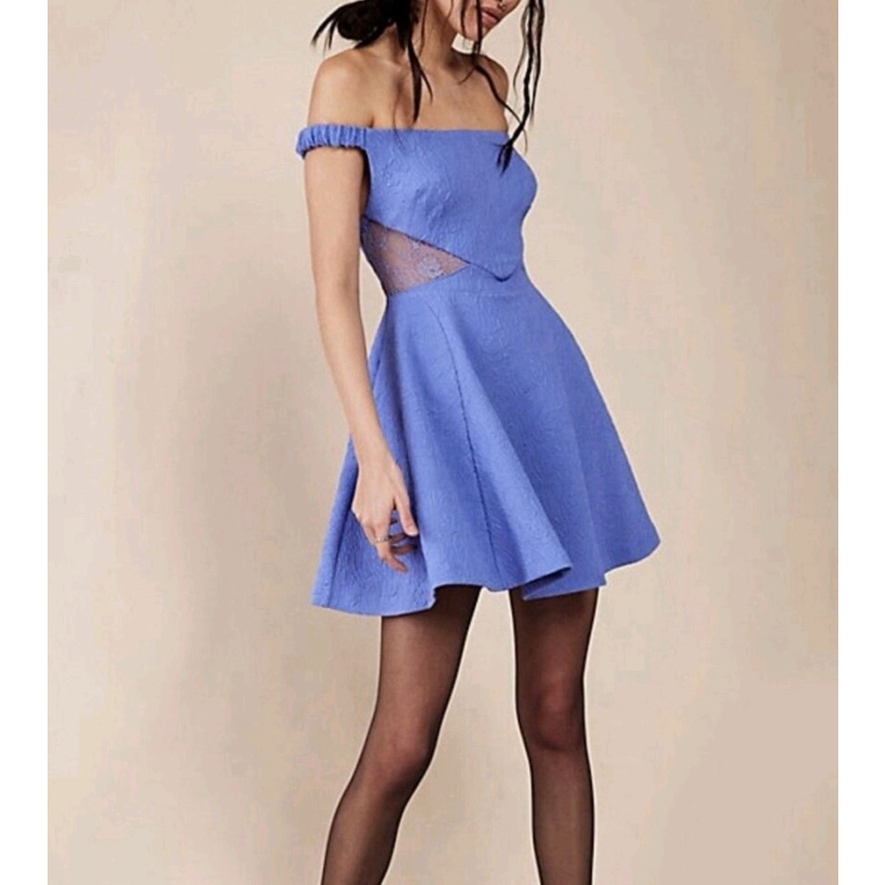 New Free People Brooklyn Lace Trim A-Line Fit & Flare Mini Dress Blue Small - Picture 2 of 6